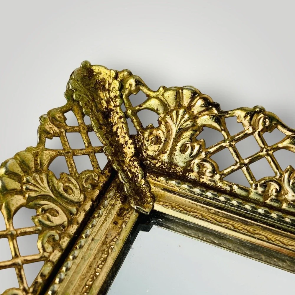 Gold Filigree Mirrored Vanity Tray Footed Hollywood Regency 1960s